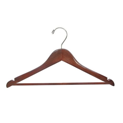 Men's Hanger, Flat Open Hook with Dowel Bar, Walnut with Chrome Hook